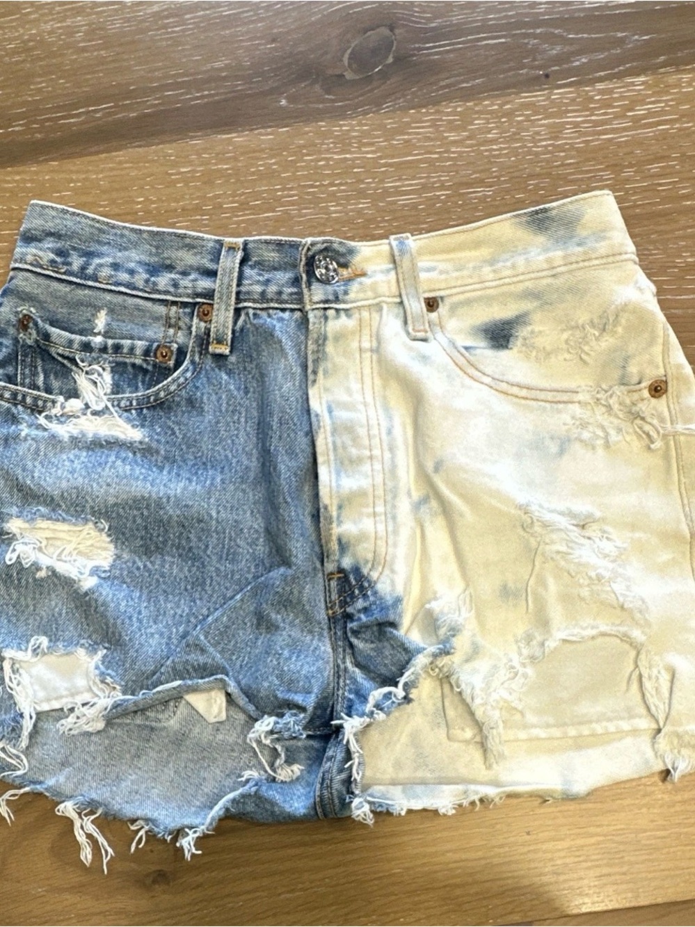 Levi's Two-Tone Distressed Denim Shorts in Blue and Cream